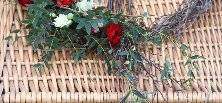 Weaving flowers into a life story Natural heart with red ranunculus and eucalyptus - funerals, weddings, events and flower workshops