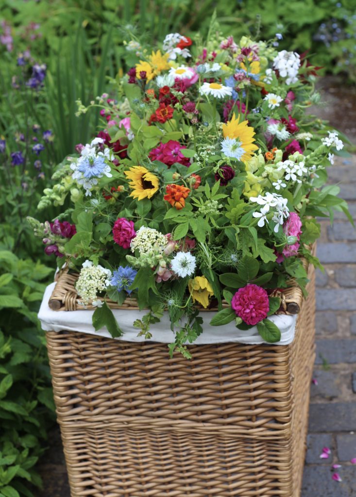 Natural funeral flowers with sunflowers, daisies, love in a mist and scented stocks, photographed on a wicker basket in a garden. Contact Tuckshop Flowers, Birmingham to discuss funeral flowers.